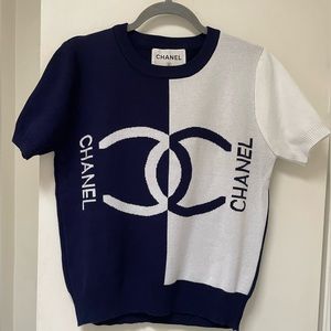 Chanel navy/white knit short sleeve shirt size 40 (M)